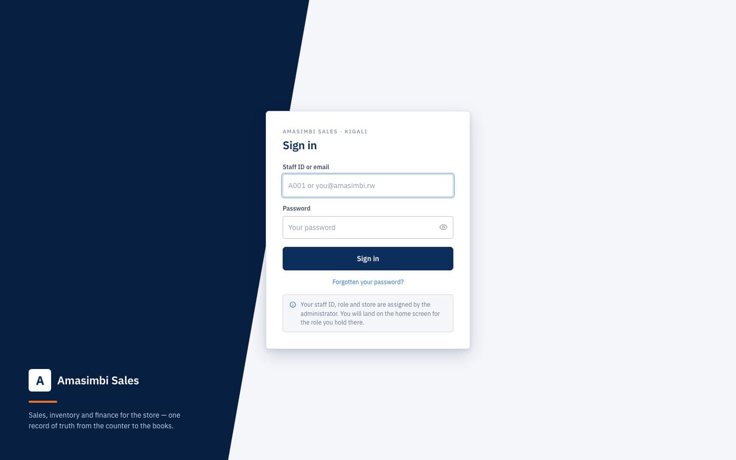 Amasimbi Sales sign-in screen with a navy diagonal panel and the tagline “one record of truth from the counter to the books”.