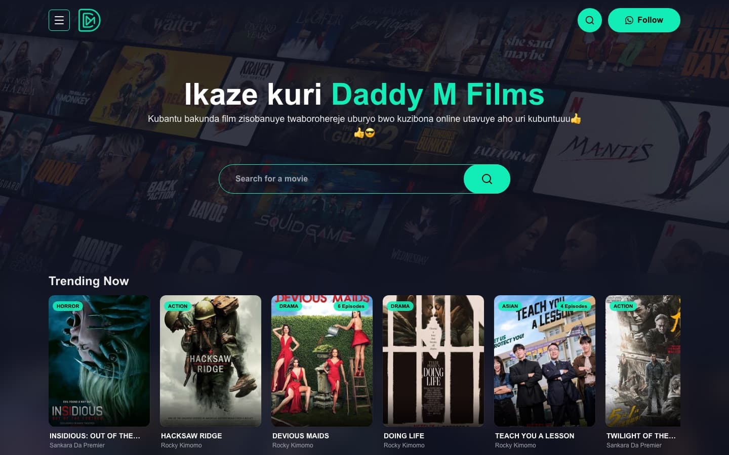 Daddy M Films home page: a wall of movie posters behind the greeting “Ikaze kuri Daddy M Films” and a search bar.