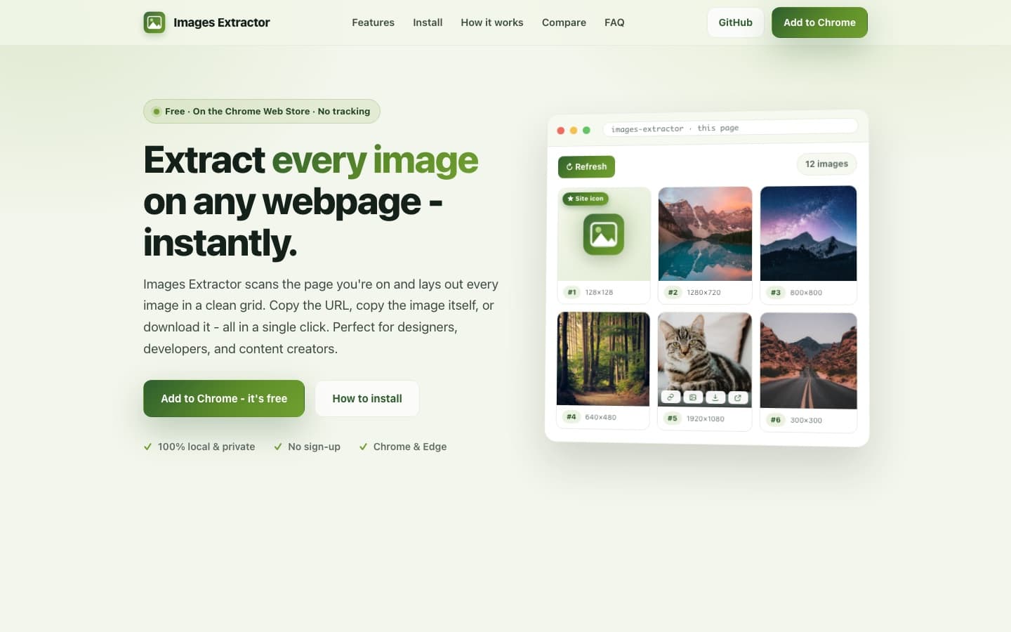 Images Extractor landing page with the headline “Extract every image on any webpage” and a mock extension popup showing an image grid.