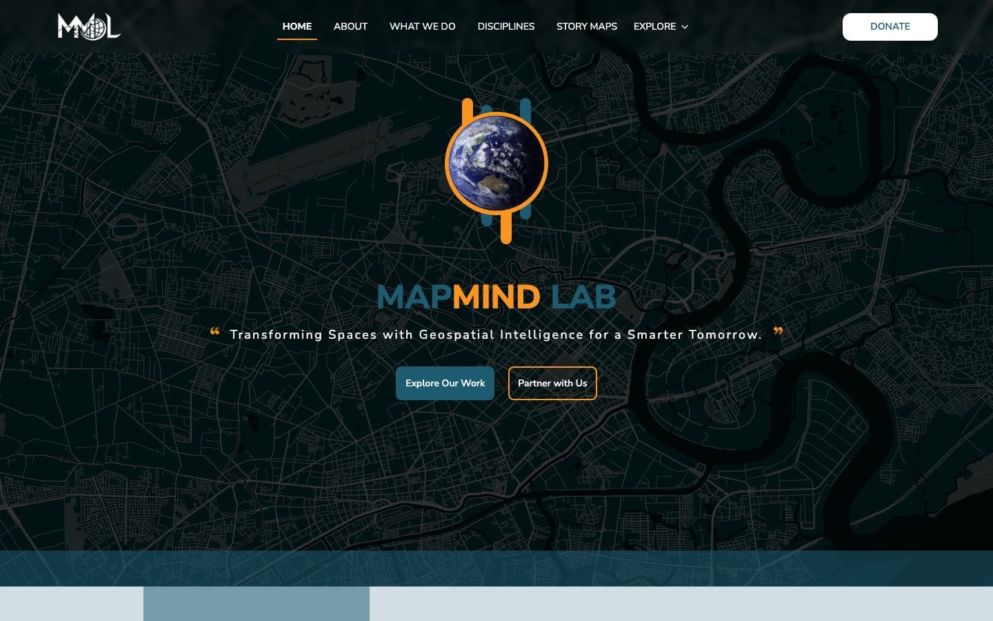 MapMind Lab home page: a globe emblem over a dark street-map background with the tagline “Transforming Spaces with Geospatial Intelligence”.