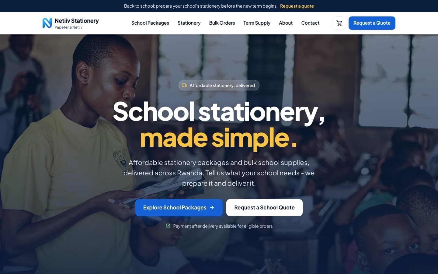 Netiiv Stationery home page: a student reading in a classroom behind the headline “School stationery, made simple.”