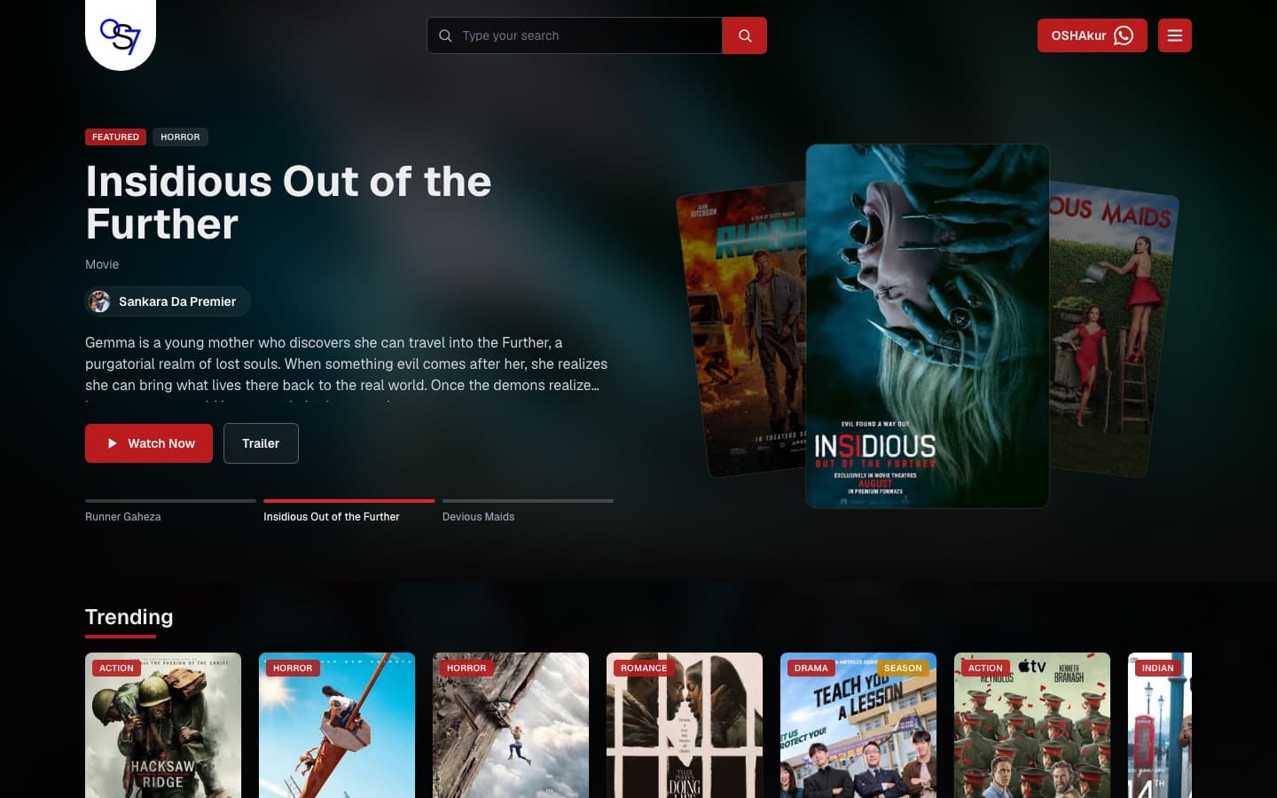OSHAkur Films home page featuring “Insidious: Out of the Further” with stacked movie posters and a trending row.