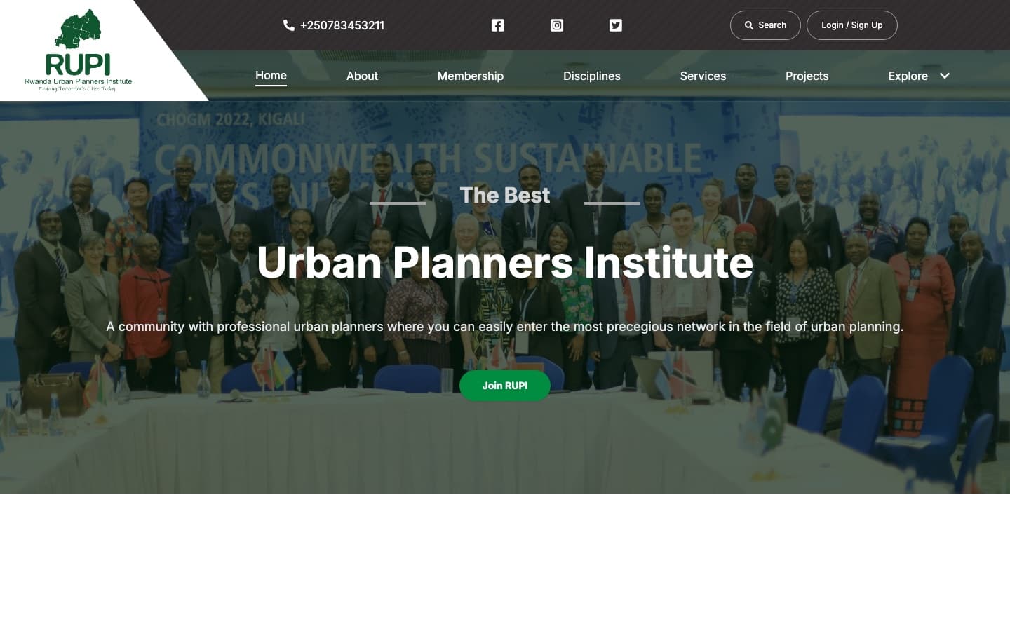 RUPI home page: a group photo of urban planners at CHOGM 2022 Kigali behind the headline “The Best Urban Planners Institute”.