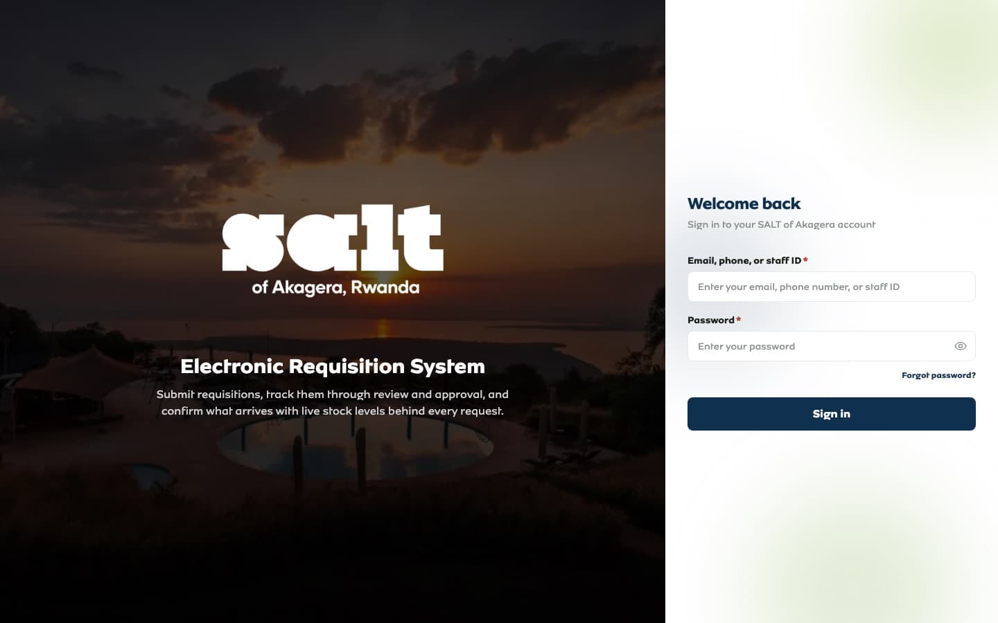SALT of Akagera Electronic Requisition System sign-in page with a lakeside sunset photo and the SALT logo.