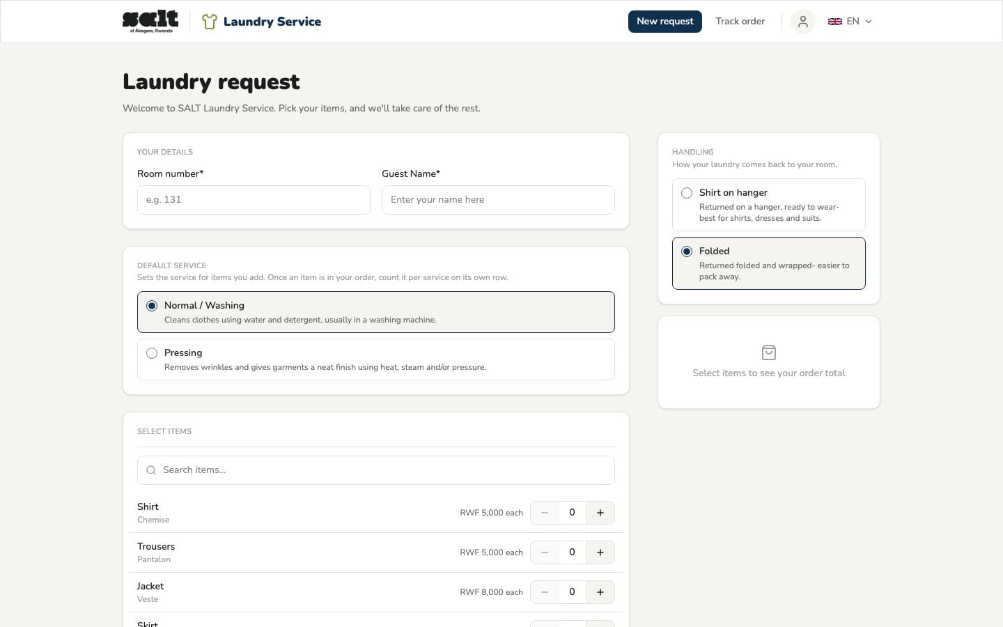 SALT Laundry Service request form showing guest details, service options, an item list with prices and handling choices.
