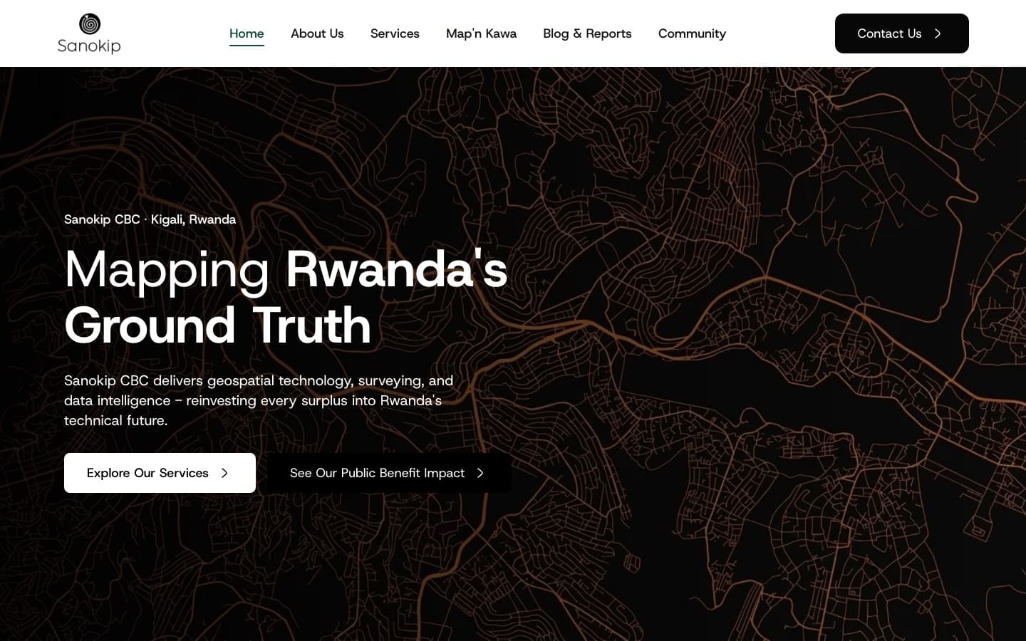 Sanokip website home page: dark map-line background with the headline “Mapping Rwanda's Ground Truth”.