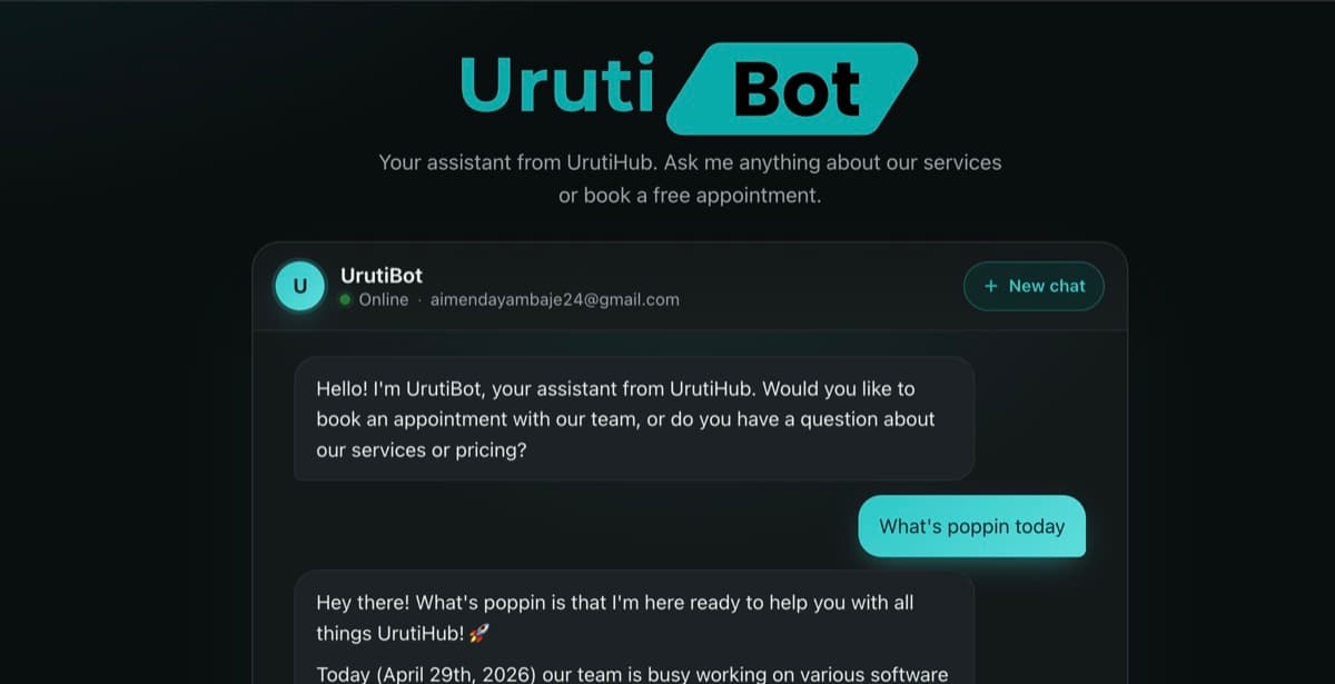 UrutiBot chat interface: a dark screen with the UrutiBot wordmark and a streaming conversation about UrutiHub services.